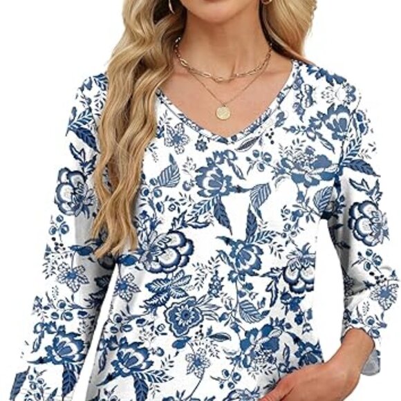 NEW Blue Vintage Print 3/4 Sleeve Stretchy Casual Tunic Top Comfortable Style - Picture 4 of 6